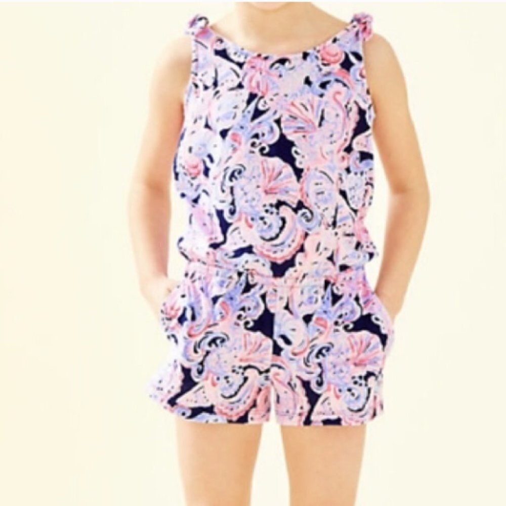 Lilly Pulitzer girls Cady Romper x-Large (12-14) High Tide Navy It's For Shore